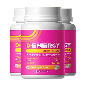 Kit 3 D-Energy Vitamina D 2000UI + Zinco + Taurina + Cafeína Divina Pharma 60 cápsulas