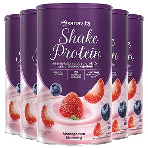 Kit 5 Shake Protein Substituto de Refeição Sanavita 450g Morango e Blueberry