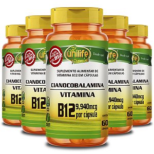 Kit 5 Vitamina B12 Cianocobalamina Unilife 60 cápsulas