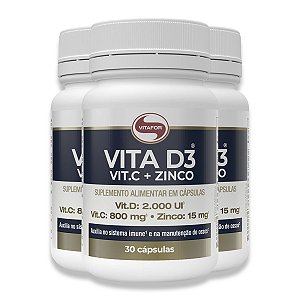 Kit 3 Vita D3 + C + Zinco Vitafor 30 Cápsulas