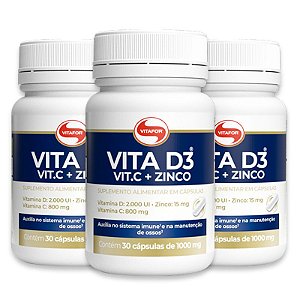 Kit 3 Vita D3 + C + Zinco Vitafor 30 cápsulas