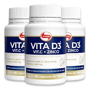 Kit 3 Vita D3 + C + Zinco Vitafor 60 cápsulas