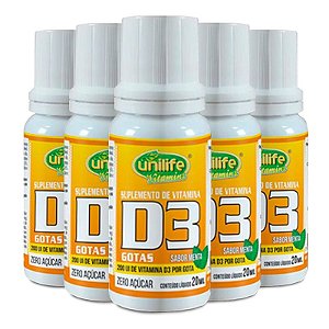 Kit 5 Vitamina D3 Unilife em gotas sabor menta 20ml