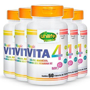Kit 5 Vita 4 Cálcio Magnésio Vitamina D e K2 Unilife 60 Cápsulas