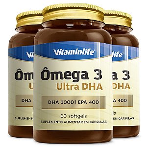 Kit 3 Ômega 3 Ultra DHA 1000 EPA 400 Vitaminlife 60 cápsulas