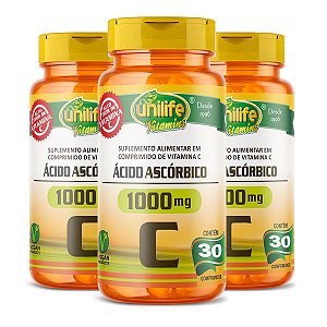 Kit 3 Ácido Ascórbico Vitamina C Unilife 30 comprimidos