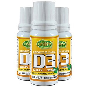 Kit 3 Vitamina D3 Unilife em gotas sabor menta 20ml