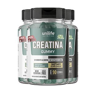 Kit 3 Creatina Gummy Unilife Maça Verde 90 Gomas