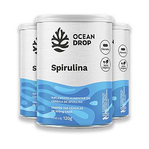 Kit 3 Spirulina 520mg Ocean Drop Vegana 240 Cápsulas