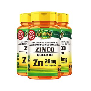 Kit 3 Zinco Quelato 28mg 60 cápsulas Unilife