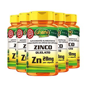 Kit 5 Zinco Quelato 28mg 60 cápsulas Unilife