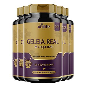 Kit 5 Geleia Real + Cogumelo Unilife 500mg 45 Cápsulas