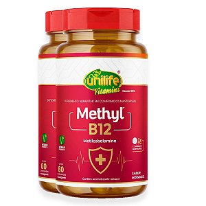 Kit 2 Vitamina Methyl B12 Unilife Morango 60 comprimidos