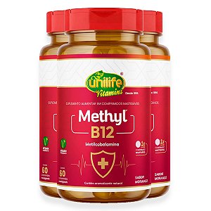 Kit 3 Vitamina Methyl B12 Unilife Morango 60 comprimidos