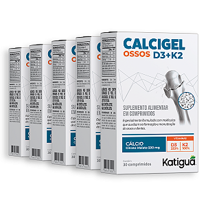 Kit 5 Calcigel Osso D3+K2 Katiguá 500mg 30 Comprimidos