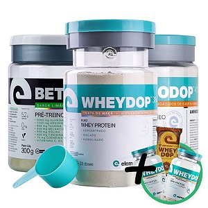 Kit Wheydop 3W Whey Protein + Aminodop Bcaa Tangerina + Betadop Pré Treino Elemento Puro Limão com Matcha + Bônus 