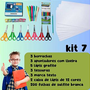 Kit 7 Escolar Lápis De Cor e Lápis Grafite Caneta Marca Texto Apontador Borracha Papel Sulfite a4 e Tesoura