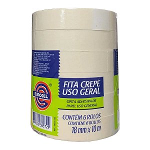 Fita Crepe 18mmx10mts Eurocel Uso Geral Escolar Pintura Pacote com 6 Unidades ou unitário.