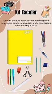 Kit Escolar Escritório Caderno Amarelo Canetas Marca Texto e Corretivas Borracha Lápis Grafite Régua Tesoura e Apontador
