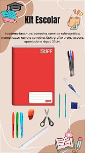 Kit Escolar Escritório Caderno Vermelho Canetas Marca Texto e Corretivas Borracha Lápis Grafite Régua Tesoura e Apontador