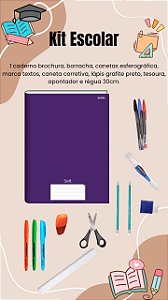 Kit Escolar Escritório Caderno Roxo Canetas Marca Texto e Corretivas Borracha Lápis Grafite Régua Tesoura e Apontador