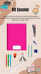 Kit Escolar Escritório Caderno Rosa Canetas Marca Texto e Corretivas Borracha Lápis Grafite Régua Tesoura e Apontador