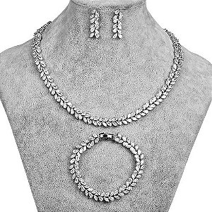 Conjunto Colar Brinco E Pulseira Noiva Zircônia Prata Festa