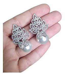 Brinco Noiva Zirconia E Pérola Prata Delicado Luxo