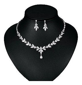Colar E Brinco Noiva Zircônia Prata Festa Debutante Luxo
