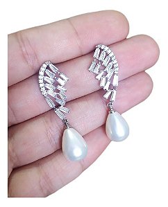 Brinco Pérola E Zirconia Noiva Pequeno Delicado Prata Gota