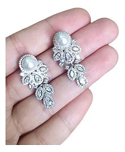 Brinco Noiva Zirconia Perola Pendurado Prata Delicado Festa