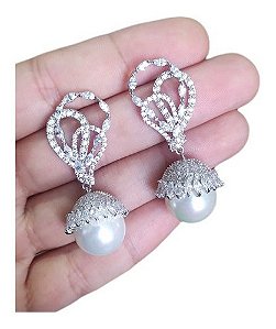 Brinco Noiva Zirconia Perola Pendurado Prata Delicado Festa