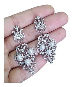 Brinco Noiva Zirconia Perola Pendurado Prata Delicado Festa