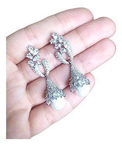 Brinco Pérola Zirconia Noiva Prata Pendurado Festa Madrinha