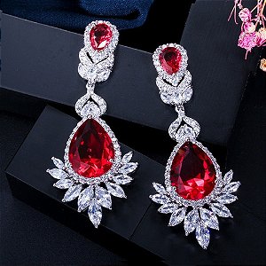 Brinco Noiva Zirconia Prata Festa Madrinha Vermelho Grande