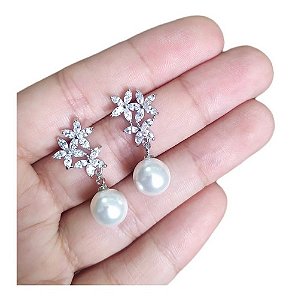 Brinco Noiva Zirconia E Pérola Prata Delicado Luxo