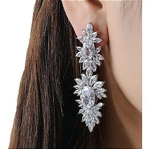 Brinco Noiva Zirconia Pendurado Grande Prata Debutante Luxo