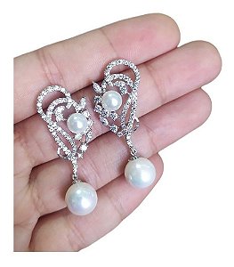 Brinco Pérola E Zirconia Noiva Delicado Prata Grande Luxo