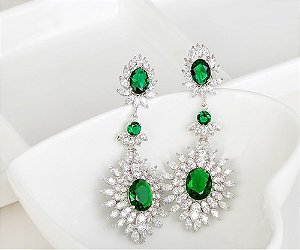 Brinco Noiva Pedra Zirconia Prata Verde Festa Debutante Luxo