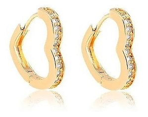 Brinco Argola Pedra Zirconia Coração Dourado F. Ouro 18k