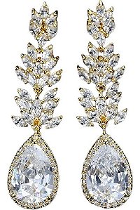 Brinco Noiva Zirconia Dourado Pendurado Festa Debutante Luxo