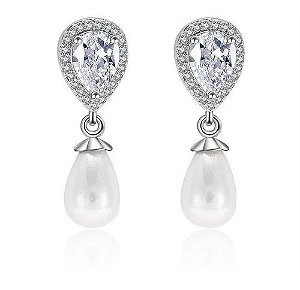 Brinco Noiva Zirconia E Pérola Prata Delicado Luxo Barato