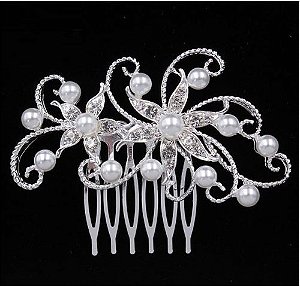 Arranjo Enfeite Cabelo Noiva Strass Perola Prata Debutante