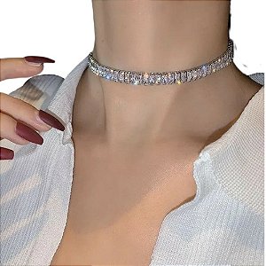 Colar Chocker Noiva Pedra Zirconia Prata Semi Joia Debutante