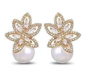 Brinco Zirconia E Pérola Noiva Pequeno Dourado Festa Luxo