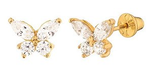 Brinco Infantil Borboleta Pedra Zirconia Dourado Prata 2 Fur