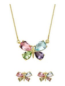Colar Brinco Borboleta Pedra Zirconia Colorido Banhado Ouro
