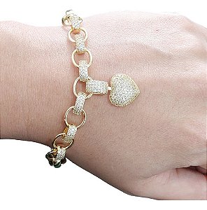 Pulseira Bracelete F. Ouro 18k Com Zircônia Pingente Coração