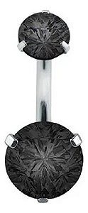 Piercing Umbigo Prata 2 Pedras Aço Cirurgico Zircônia Preto