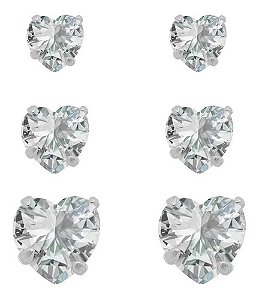Trio Brinco Pedra Zirconia Coração Prata 925 3 4 5 Mm